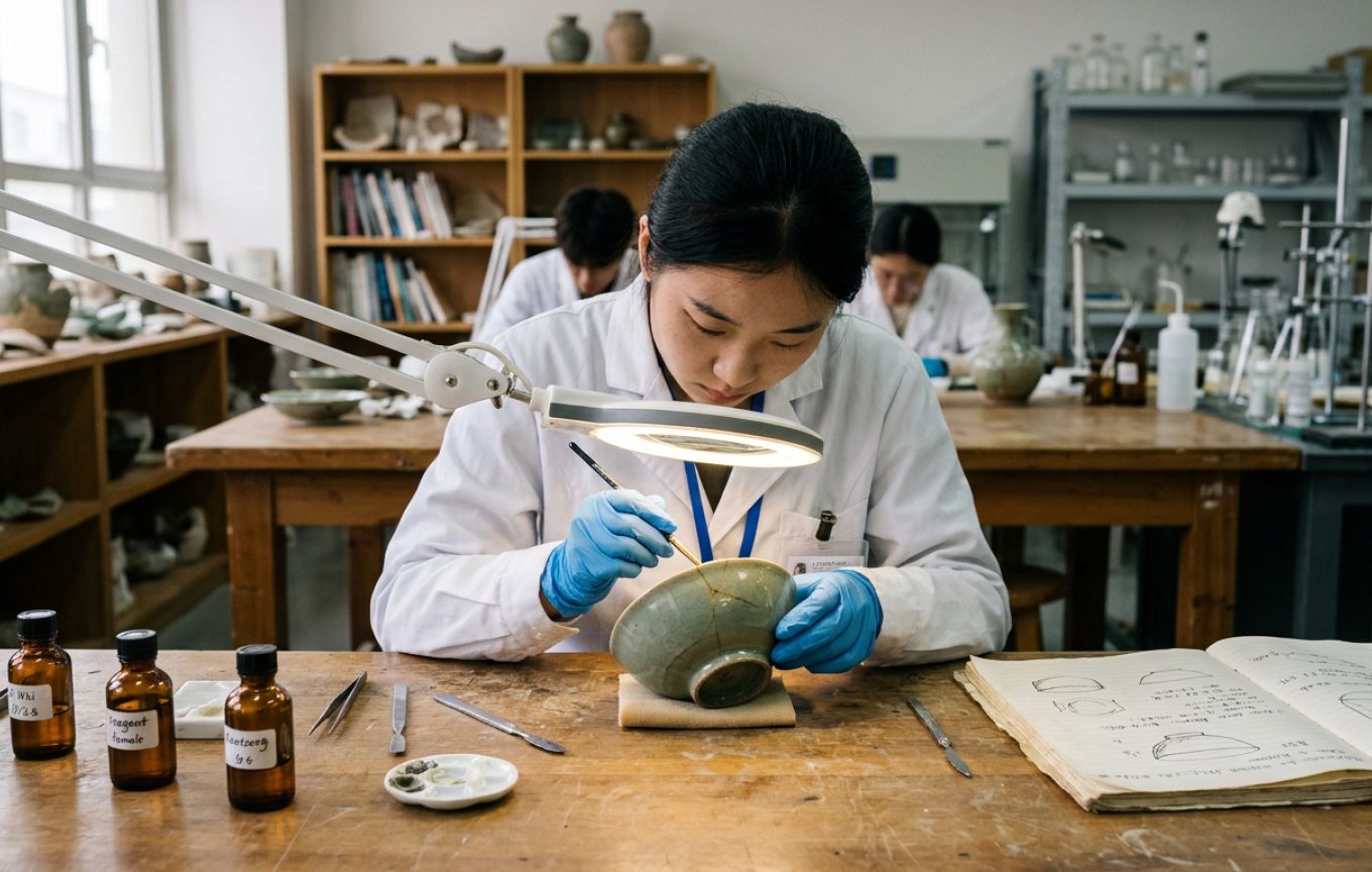 学生在陶瓷修复实验室中修复瓷器